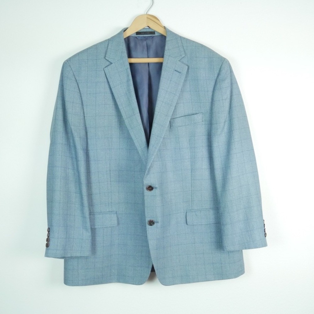 Lauren Ralph Lauren Mens 46R Silk Wool Windowpane Blazer Sport Coat Blue Jacket